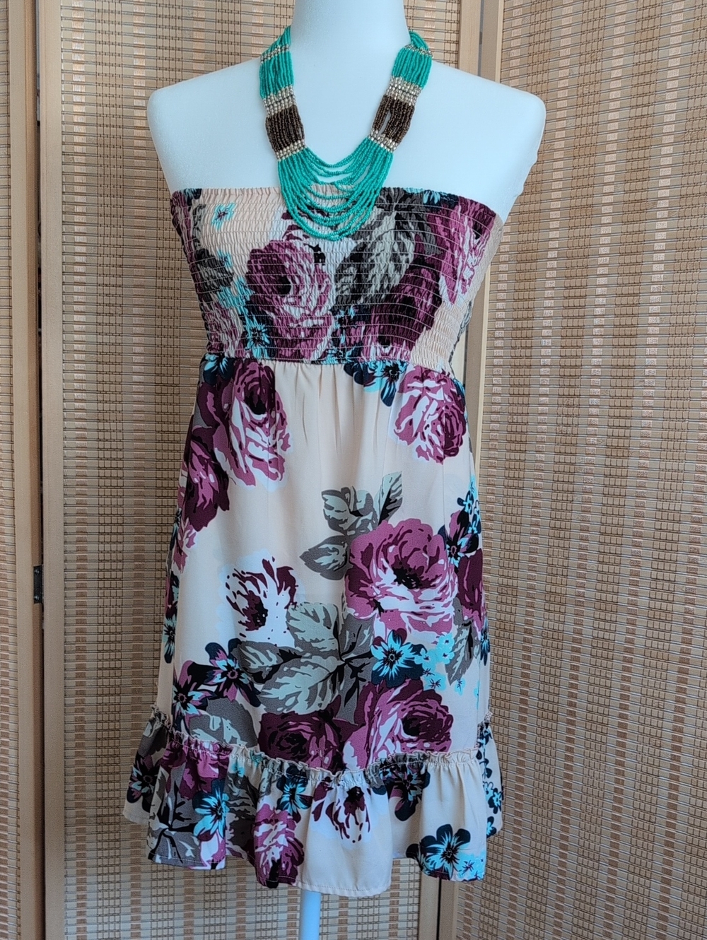 GUESS Vintage Floral Smocked Strapless Mini Dress in Cream, Pink & Teal Pockets